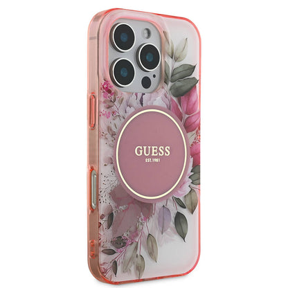 Custodia MagSafe per Apple iPhone 16 Pro Max, Guess, IML Flower & Tonal Circle, Rosa