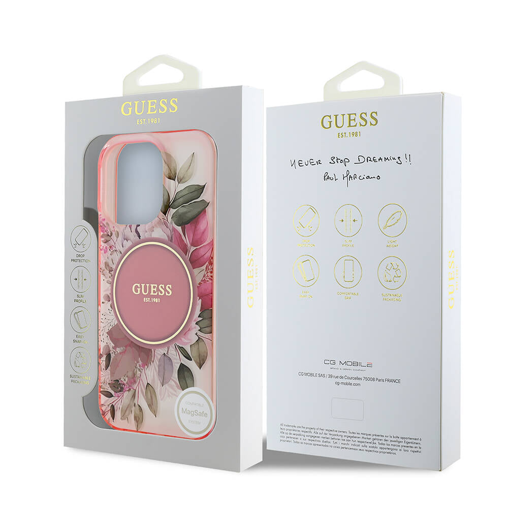 Custodia MagSafe per Apple iPhone 16 Pro Max, Guess, IML Flower & Tonal Circle, Rosa