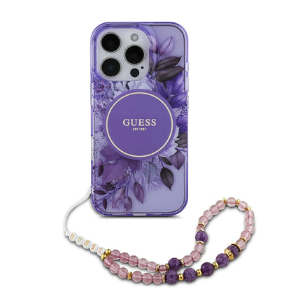 Custodia MagSafe per Apple iPhone 16 Pro Max, Guess, IML Flowers with Pearl Strap, Viola