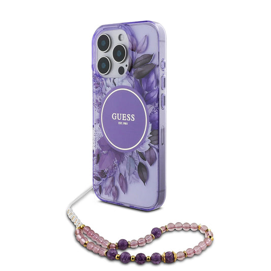 Custodia MagSafe per Apple iPhone 16 Pro Max, Guess, IML Flowers with Pearl Strap, Viola