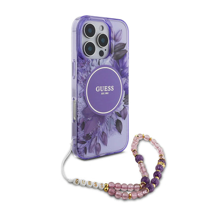 Custodia MagSafe per Apple iPhone 16 Pro Max, Guess, IML Flowers with Pearl Strap, Viola