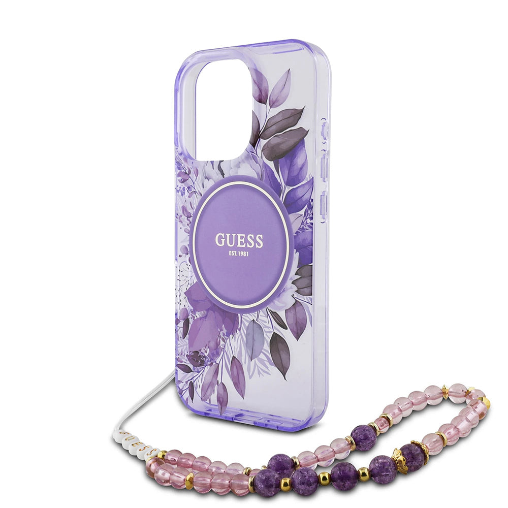 Custodia MagSafe per Apple iPhone 16 Pro Max, Guess, IML Flowers with Pearl Strap, Viola