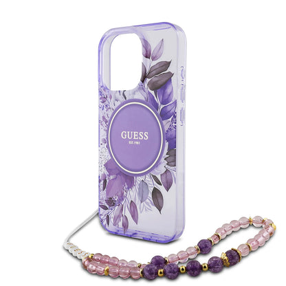 Custodia MagSafe per Apple iPhone 16 Pro Max, Guess, IML Flowers with Pearl Strap, Viola