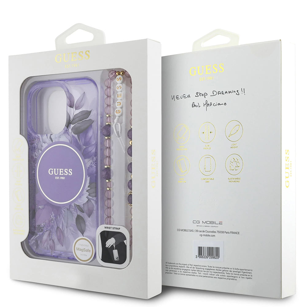 Custodia MagSafe per Apple iPhone 16 Pro Max, Guess, IML Flowers with Pearl Strap, Viola