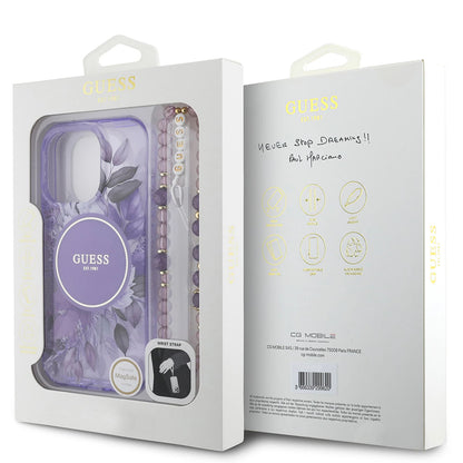 Custodia MagSafe per Apple iPhone 16 Pro Max, Guess, IML Flowers with Pearl Strap, Viola