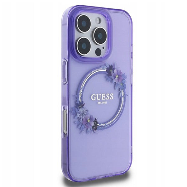 Custodia MagSafe per Apple iPhone 16 Pro Max, Guess, IML Flowers Wreath, Viola