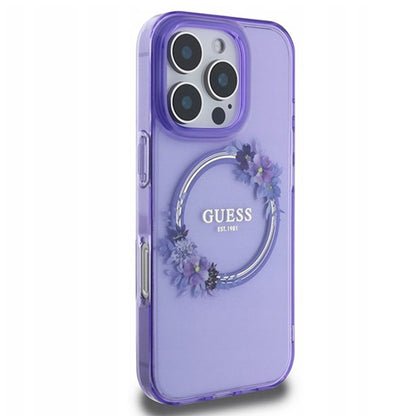 Custodia MagSafe per Apple iPhone 16 Pro Max, Guess, IML Flowers Wreath, Viola