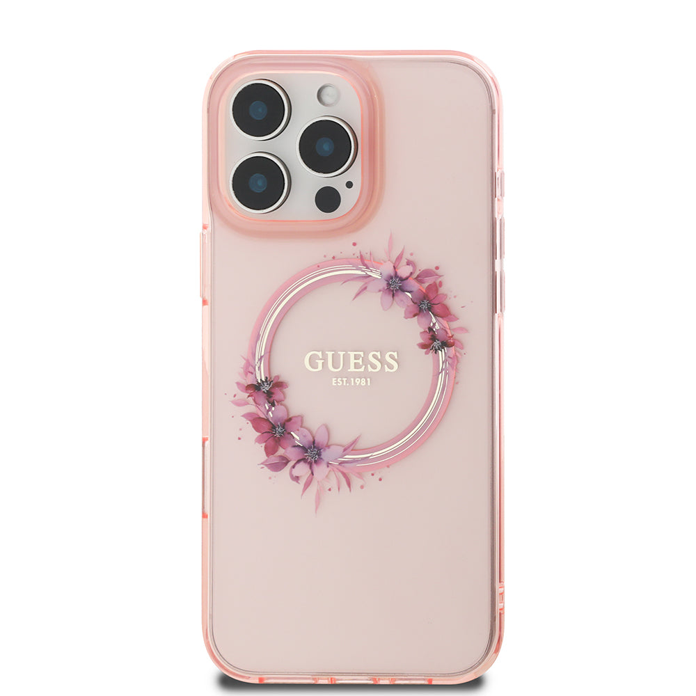 Custodia MagSafe per Apple iPhone 16 Pro Max, Guess, IML Flowers Wreath, Rosa