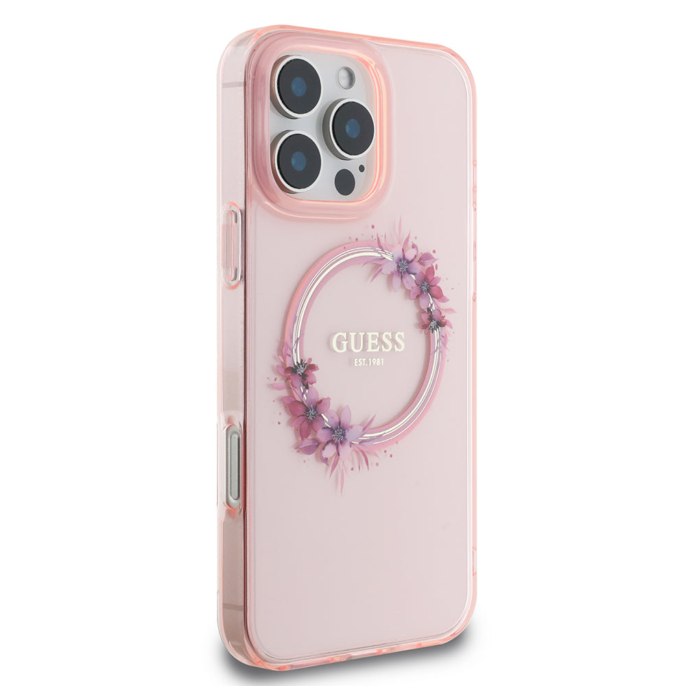 Custodia MagSafe per Apple iPhone 16 Pro Max, Guess, IML Flowers Wreath, Rosa