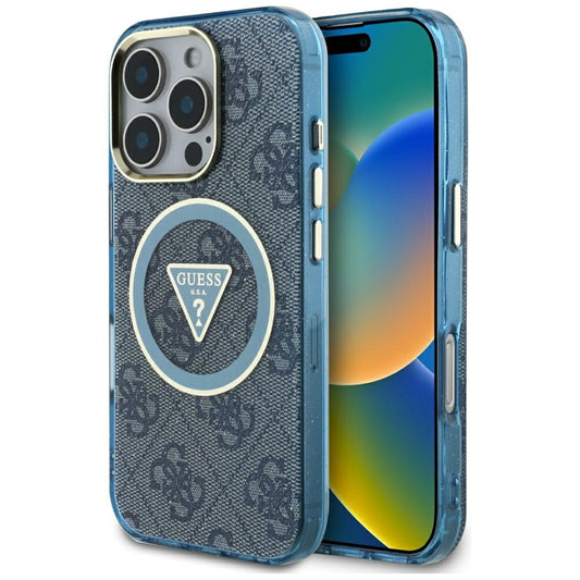 Custodia MagSafe per Apple iPhone 16 Pro Max, Guess, IML Glitter 4G Circle Triangle, Blu