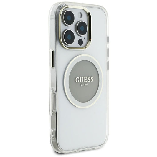 Custodia MagSafe per Apple iPhone 16 Pro Max, Guess, IML Metal Colored Circle, Grigio
