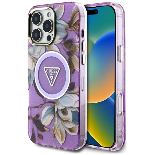 Custodia MagSafe per Apple iPhone 16 Pro Max, Guess, IML Metal Glitter Flowers Triangle, Viola
