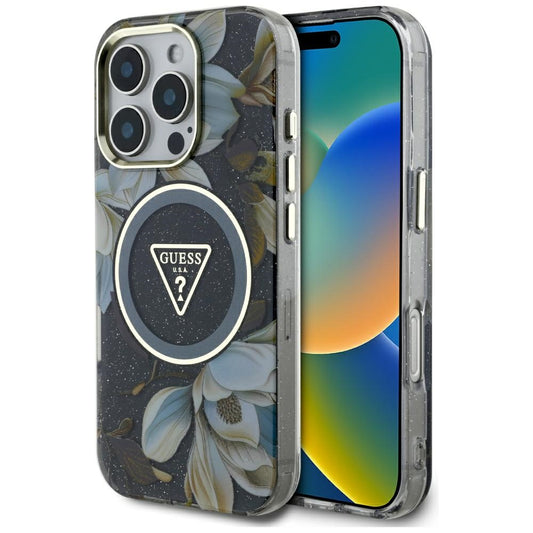 Custodia MagSafe per Apple iPhone 16 Pro Max, Guess, IML Metal Glitter Flowers Triangle, Nera