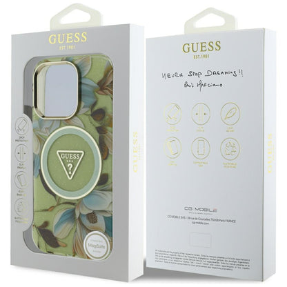 Custodia MagSafe per Apple iPhone 16 Pro Max, Guess, IML Metal Glitter Flowers Triangle, Verde