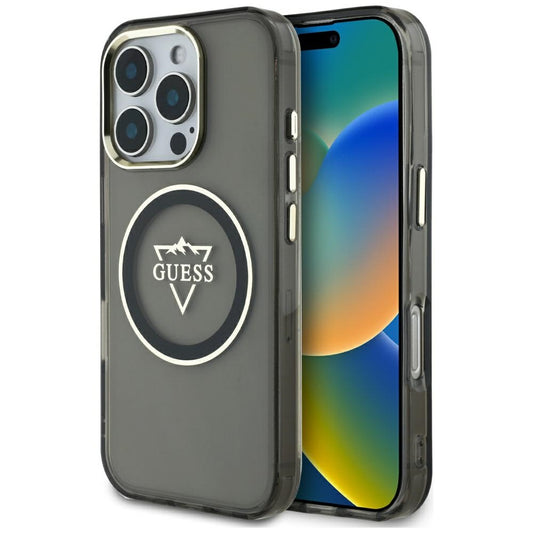 Custodia MagSafe per Apple iPhone 16 Pro Max, Guess, IML Metal Mountain Logo, Nera