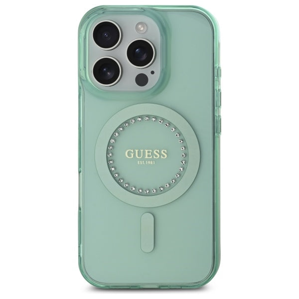 Custodia MagSafe per Apple iPhone 16 Pro Max, Guess, IML Rhinestone, Verde