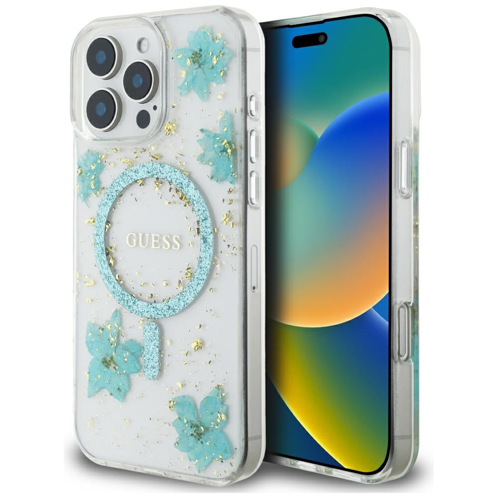 Custodia MagSafe per Apple iPhone 16 Pro Max, Guess, Resin Flowers and Glitter, Turchese