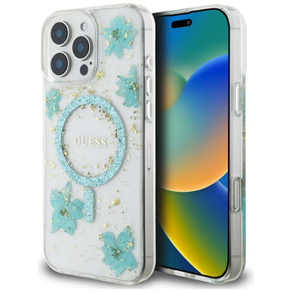 Custodia MagSafe per Apple iPhone 16 Pro Max, Guess, Resin Flowers and Glitter, Turchese