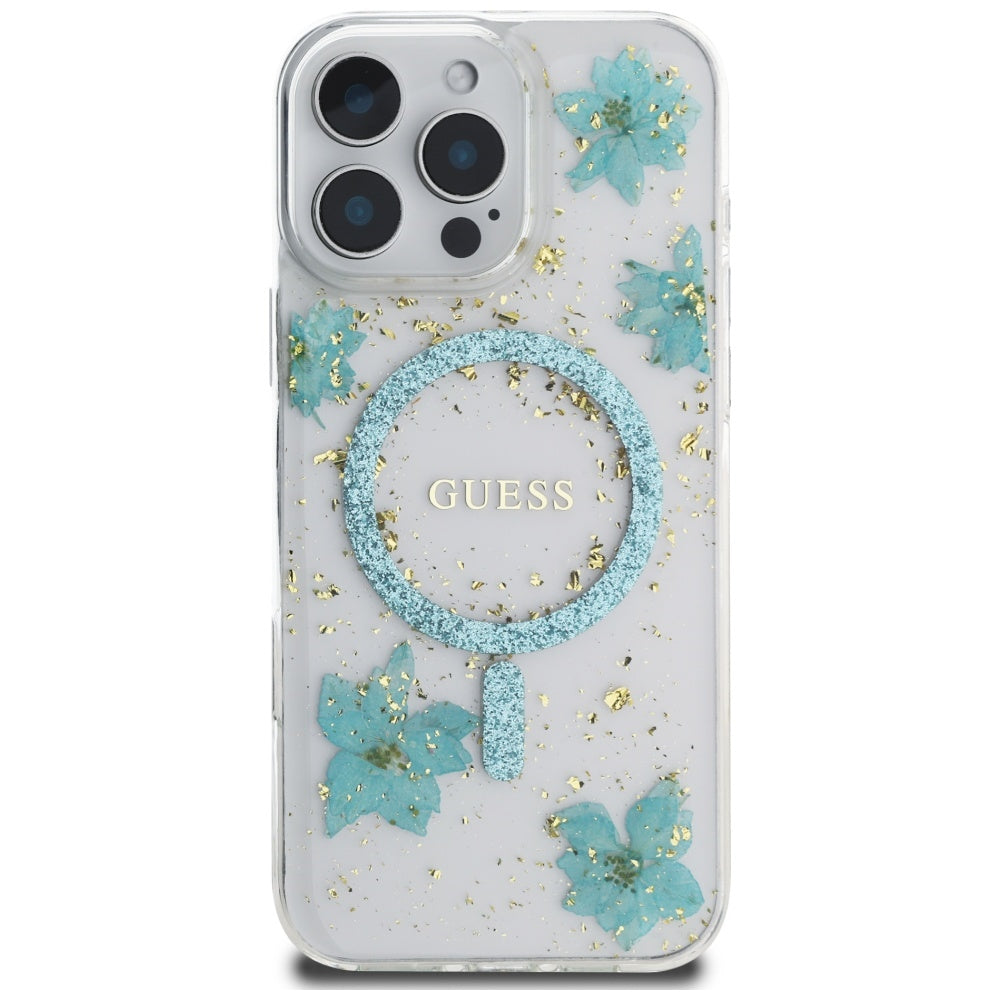 Custodia MagSafe per Apple iPhone 16 Pro Max, Guess, Resin Flowers and Glitter, Turchese