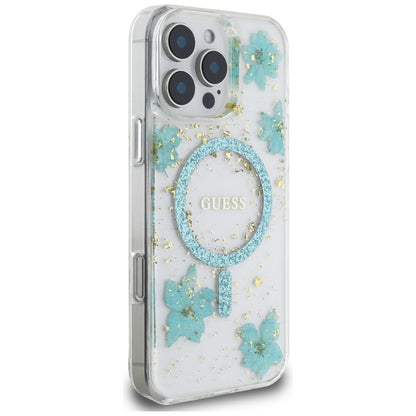 Custodia MagSafe per Apple iPhone 16 Pro Max, Guess, Resin Flowers and Glitter, Turchese