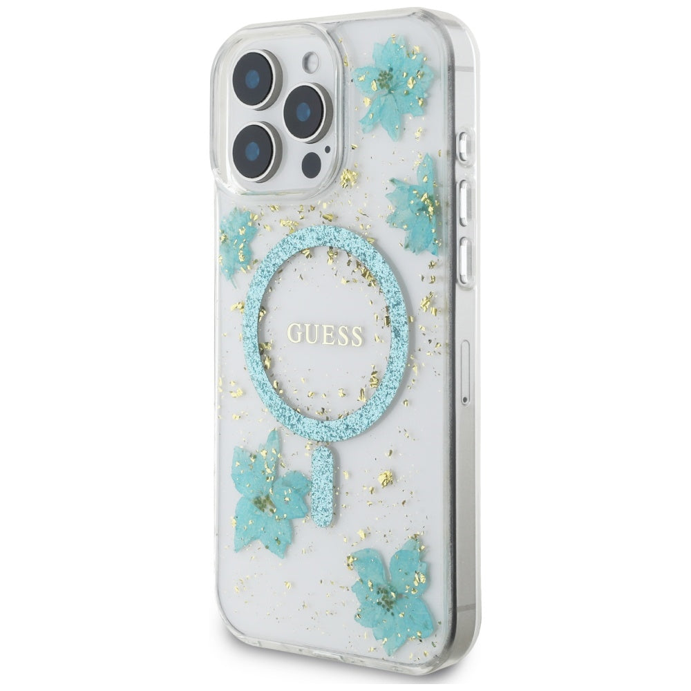 Custodia MagSafe per Apple iPhone 16 Pro Max, Guess, Resin Flowers and Glitter, Turchese