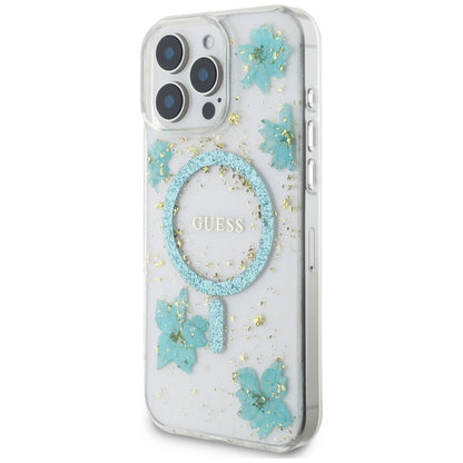 Custodia MagSafe per Apple iPhone 16 Pro Max, Guess, Resin Flowers and Glitter, Turchese
