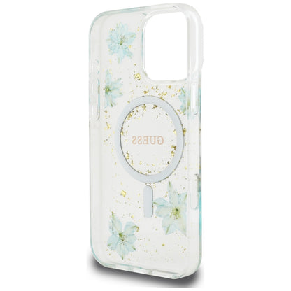 Custodia MagSafe per Apple iPhone 16 Pro Max, Guess, Resin Flowers and Glitter, Turchese