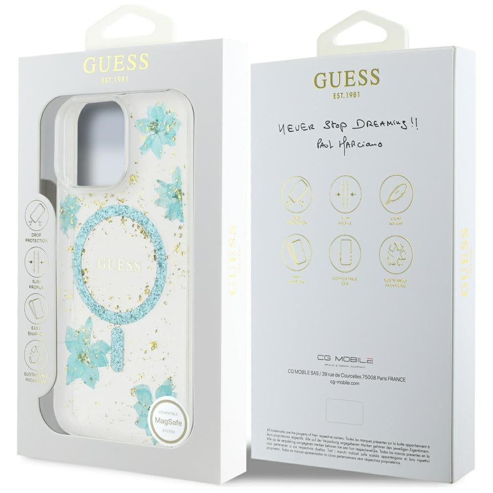 Custodia MagSafe per Apple iPhone 16 Pro Max, Guess, Resin Flowers and Glitter, Turchese