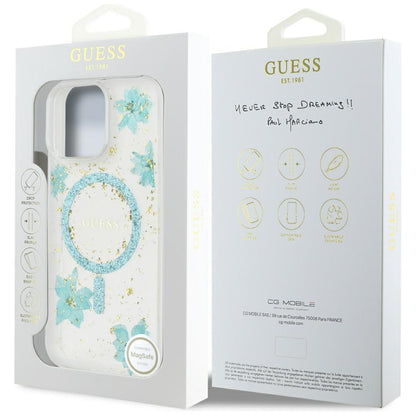 Custodia MagSafe per Apple iPhone 16 Pro Max, Guess, Resin Flowers and Glitter, Turchese