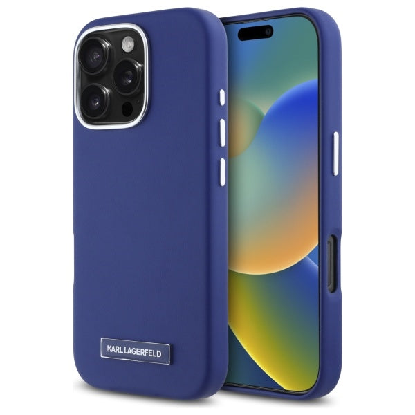 Custodia MagSafe per Apple iPhone 16 Pro Max, Karl Lagerfeld, FW Metal Plate, Blu