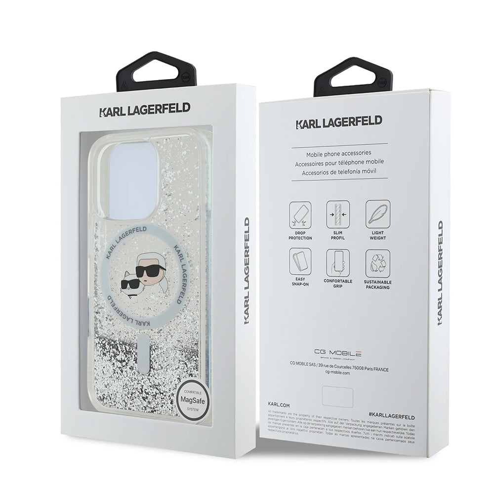 Custodia MagSafe per Apple iPhone 16 Pro Max, Karl Lagerfeld, Liquid Glitter Karl & Choupette's Heads, Trasparente