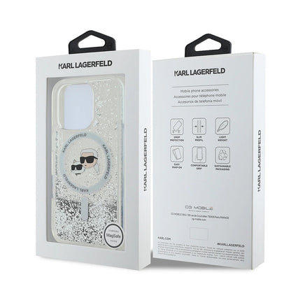 Custodia MagSafe per Apple iPhone 16 Pro Max, Karl Lagerfeld, Liquid Glitter Karl & Choupette's Heads, Trasparente