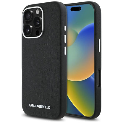 Custodia MagSafe per Apple iPhone 16 Pro Max, Karl Lagerfeld, Saffiano Full Wrapped Elongated Metal Logo, Nera