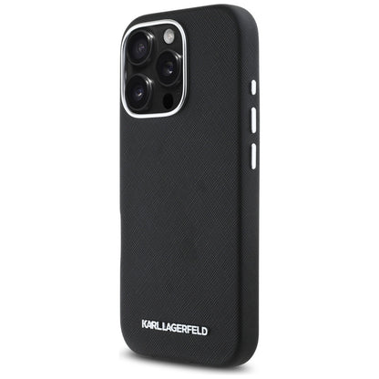 Custodia MagSafe per Apple iPhone 16 Pro Max, Karl Lagerfeld, Saffiano Full Wrapped Elongated Metal Logo, Nera