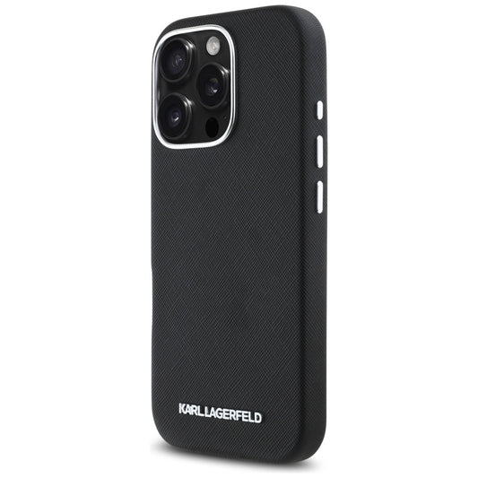 Custodia MagSafe per Apple iPhone 16 Pro Max, Karl Lagerfeld, Saffiano Full Wrapped Elongated Metal Logo, Nera
