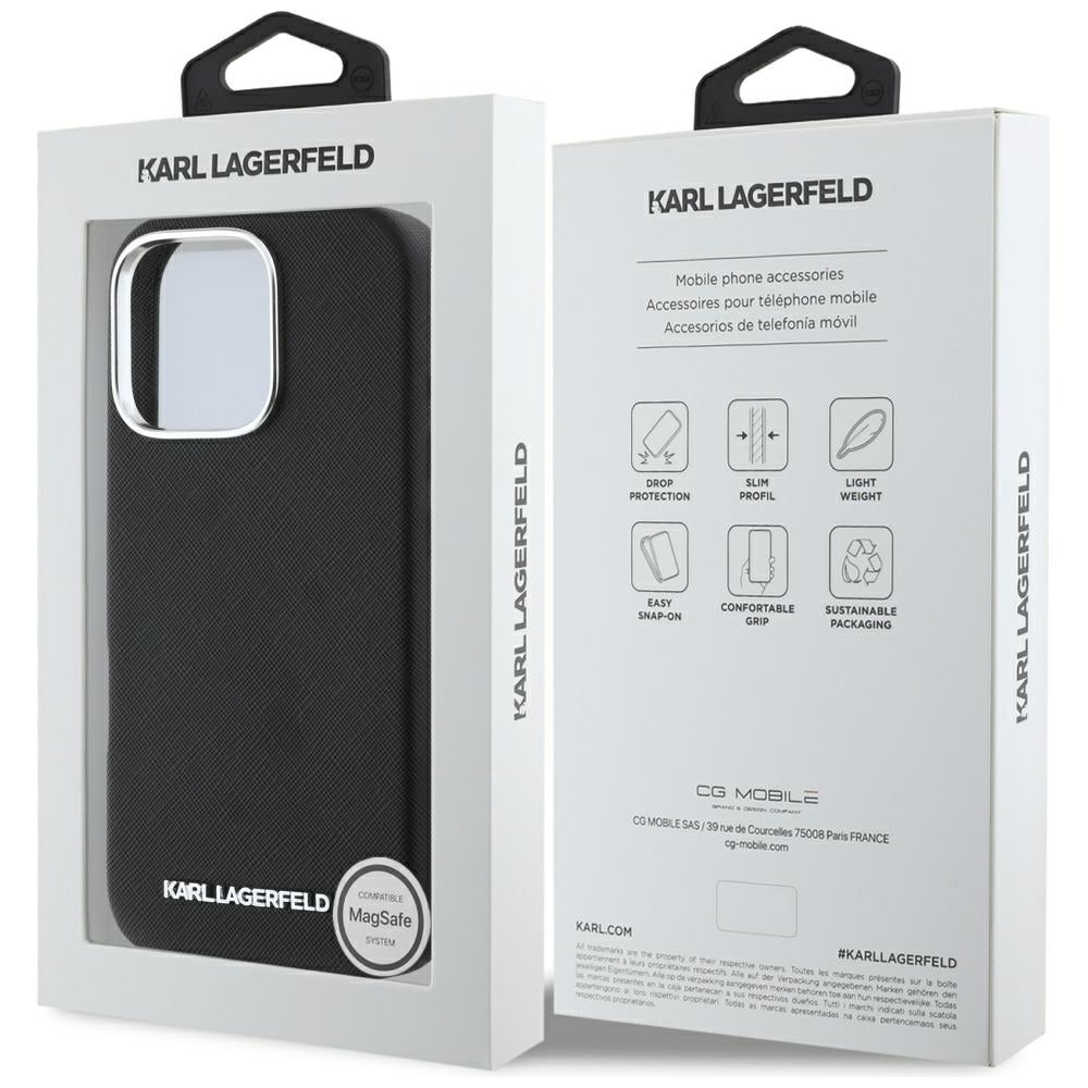 Custodia MagSafe per Apple iPhone 16 Pro Max, Karl Lagerfeld, Saffiano Full Wrapped Elongated Metal Logo, Nera