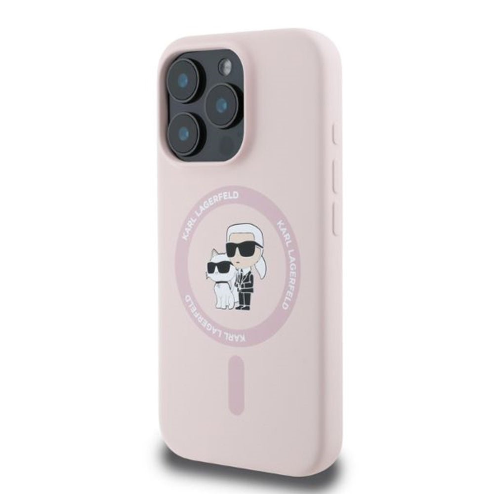 Custodia MagSafe per Apple iPhone 16 Pro Max, Karl Lagerfeld, Silicone Ring Karl & Choupette, Rosa