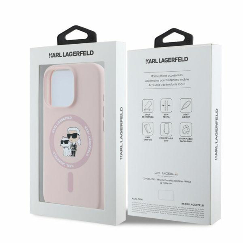 Custodia MagSafe per Apple iPhone 16 Pro Max, Karl Lagerfeld, Silicone Ring Karl & Choupette, Rosa