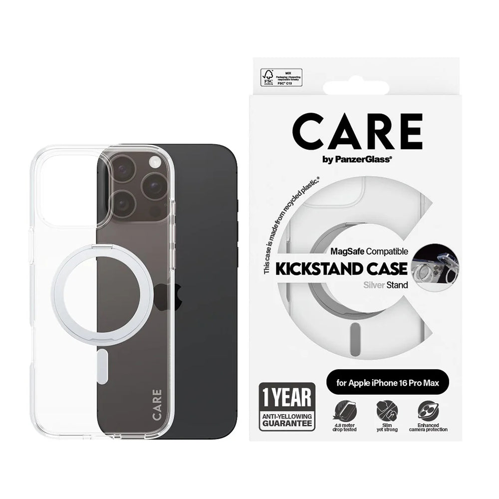 Custodia MagSafe per Apple iPhone 16 Pro Max, PanzerGlass, con Supporto Kickstand, Trasparente Argentata