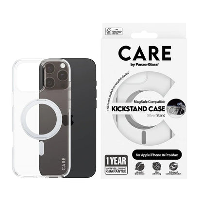 Custodia MagSafe per Apple iPhone 16 Pro Max, PanzerGlass, con Supporto Kickstand, Trasparente Argentata