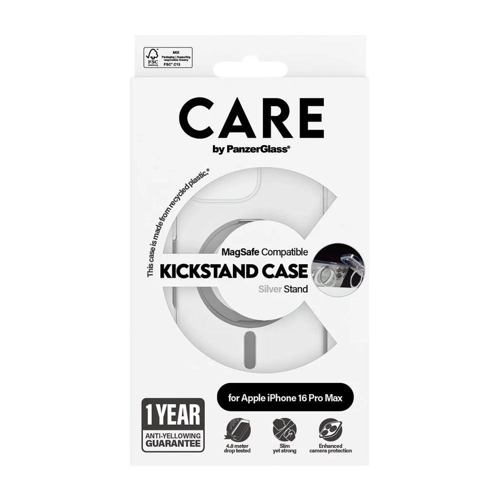 Custodia MagSafe per Apple iPhone 16 Pro Max, PanzerGlass, con Supporto Kickstand, Trasparente Argentata