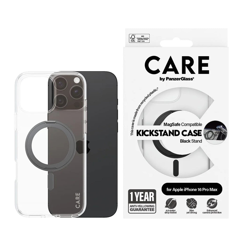 Custodia MagSafe per Apple iPhone 16 Pro Max, PanzerGlass, con Supporto Kickstand, Trasparente Nera