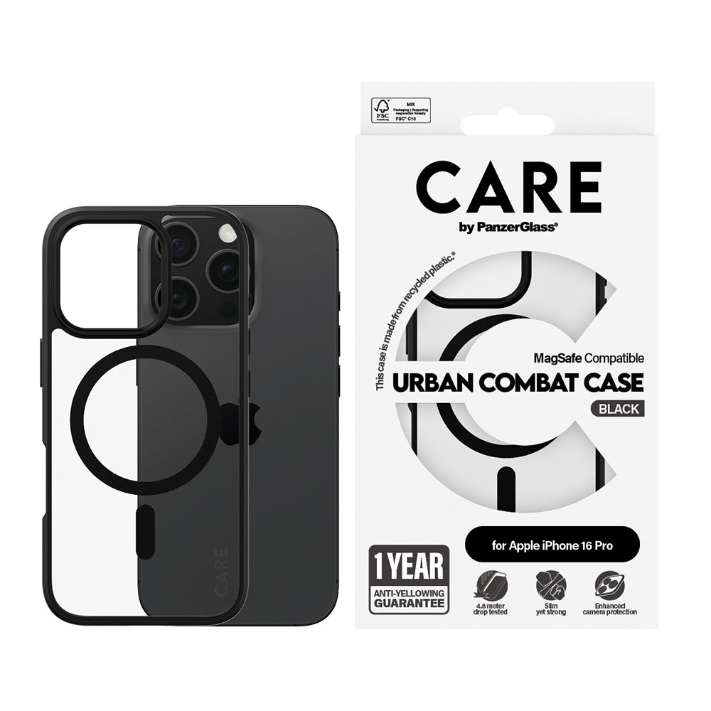 Custodia MagSafe per Apple iPhone 16 Pro Max, PanzerGlass, Care Urban Combat, Nera Trasparente