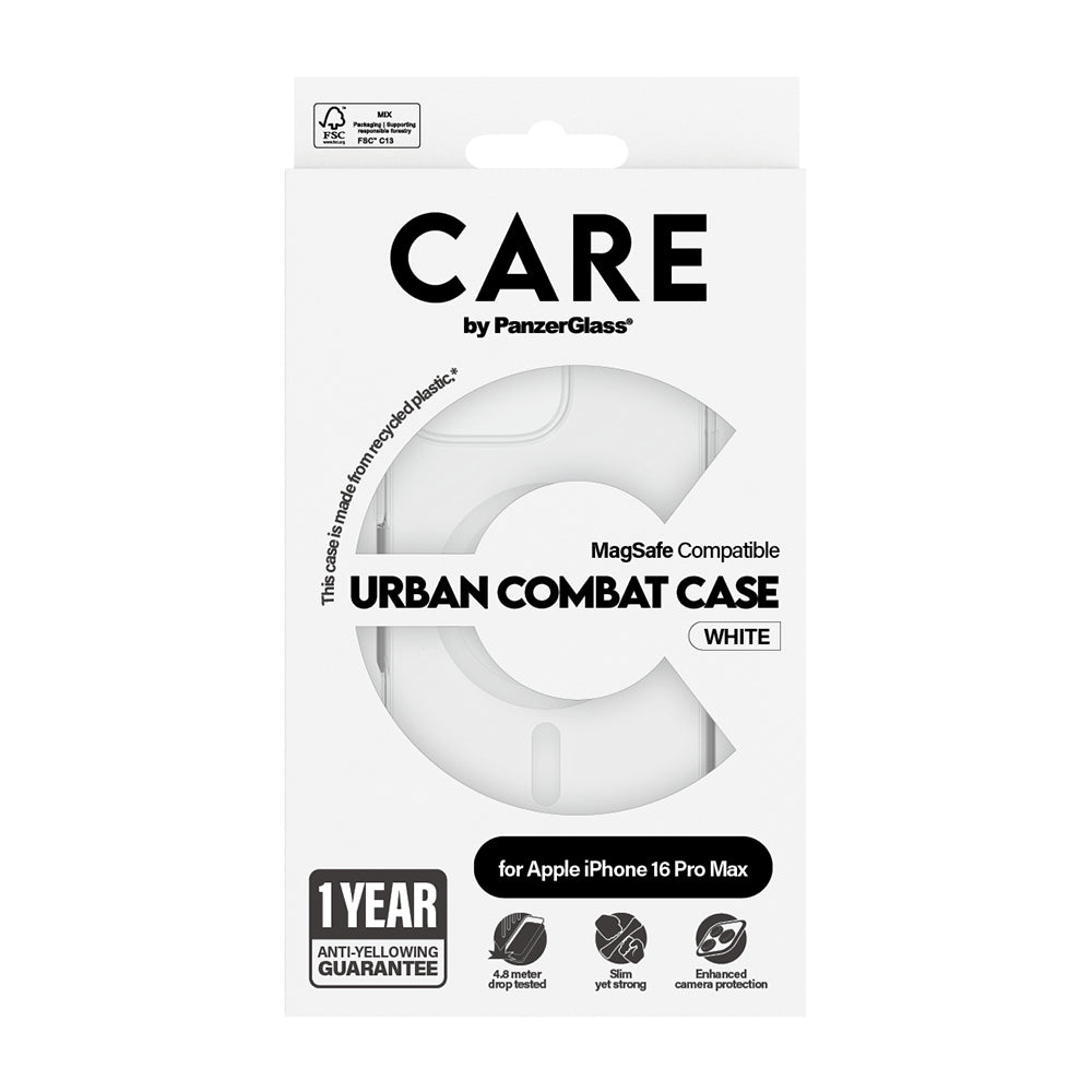 Custodia MagSafe per Apple iPhone 16 Pro Max, PanzerGlass, Care Urban Combat, Trasparente Bianca