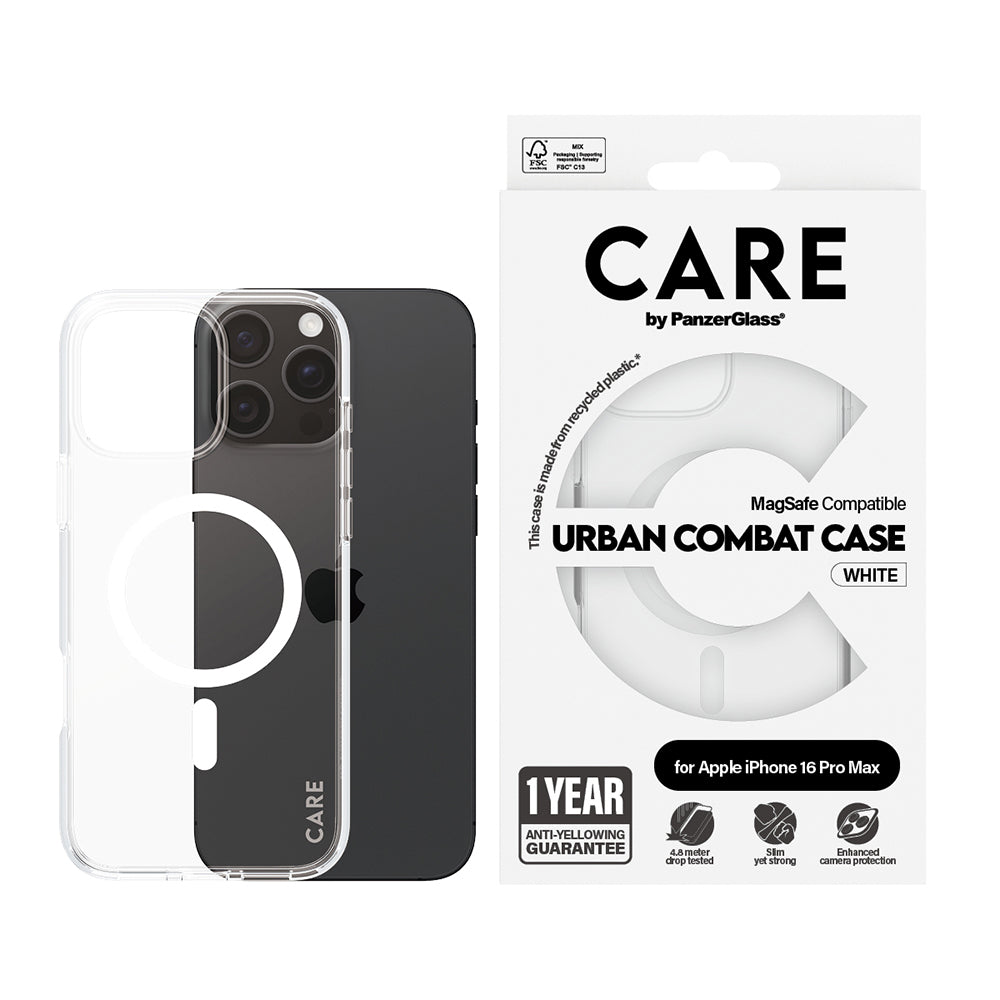 Custodia MagSafe per Apple iPhone 16 Pro Max, PanzerGlass, Care Urban Combat, Trasparente Bianca