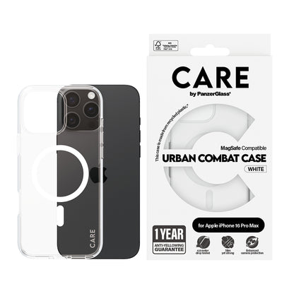 Custodia MagSafe per Apple iPhone 16 Pro Max, PanzerGlass, Care Urban Combat, Trasparente Bianca
