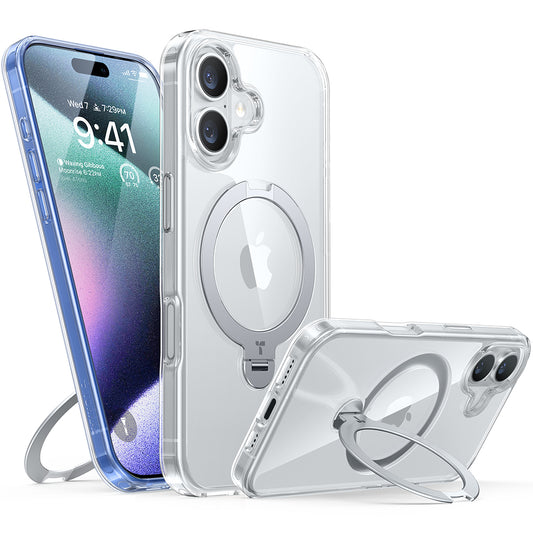 Custodia MagSafe per Apple iPhone 16, Torras, Ostand Spin, Trasparente