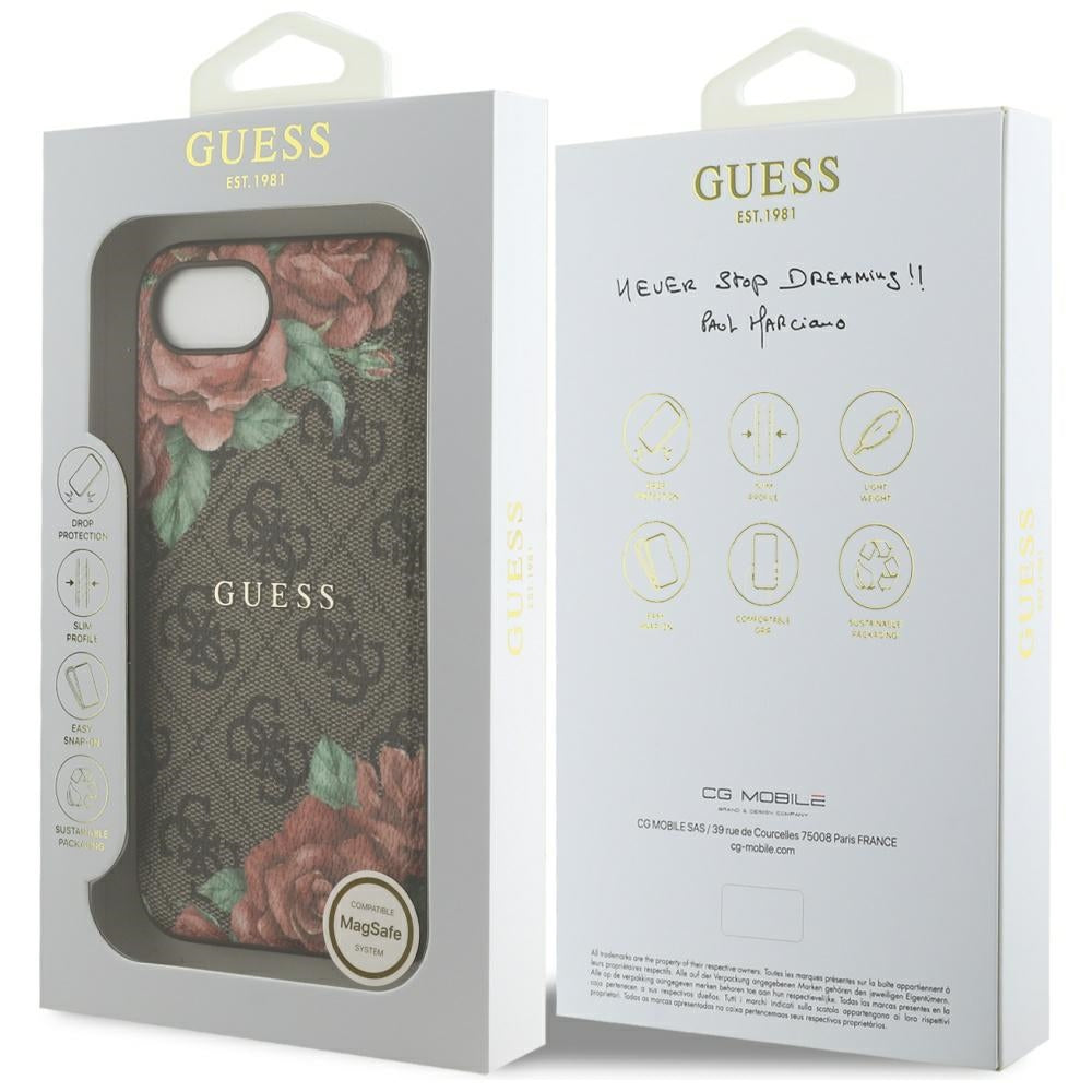 Custodia MagSafe per Apple iPhone 16e, Guess, 4G Flowers Print, Marrone