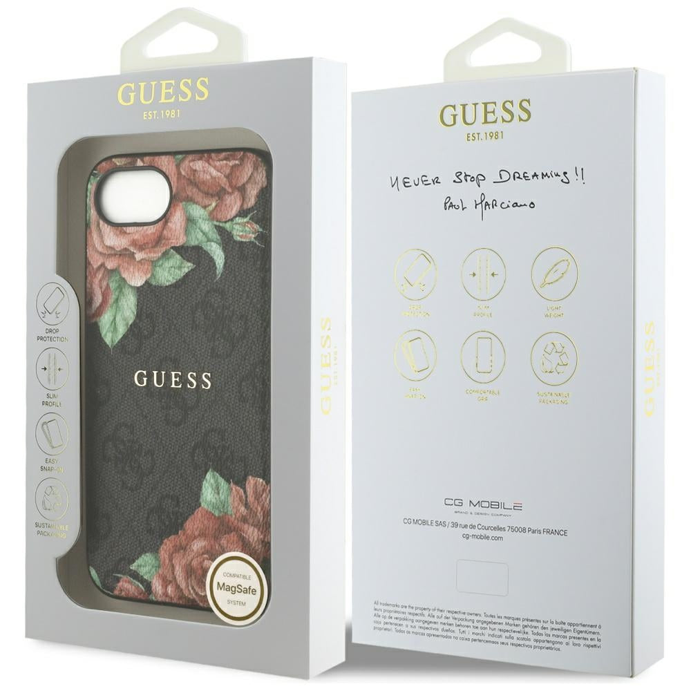 Custodia MagSafe per Apple iPhone 16e, Guess, Stampa Fiori 4G, Nera