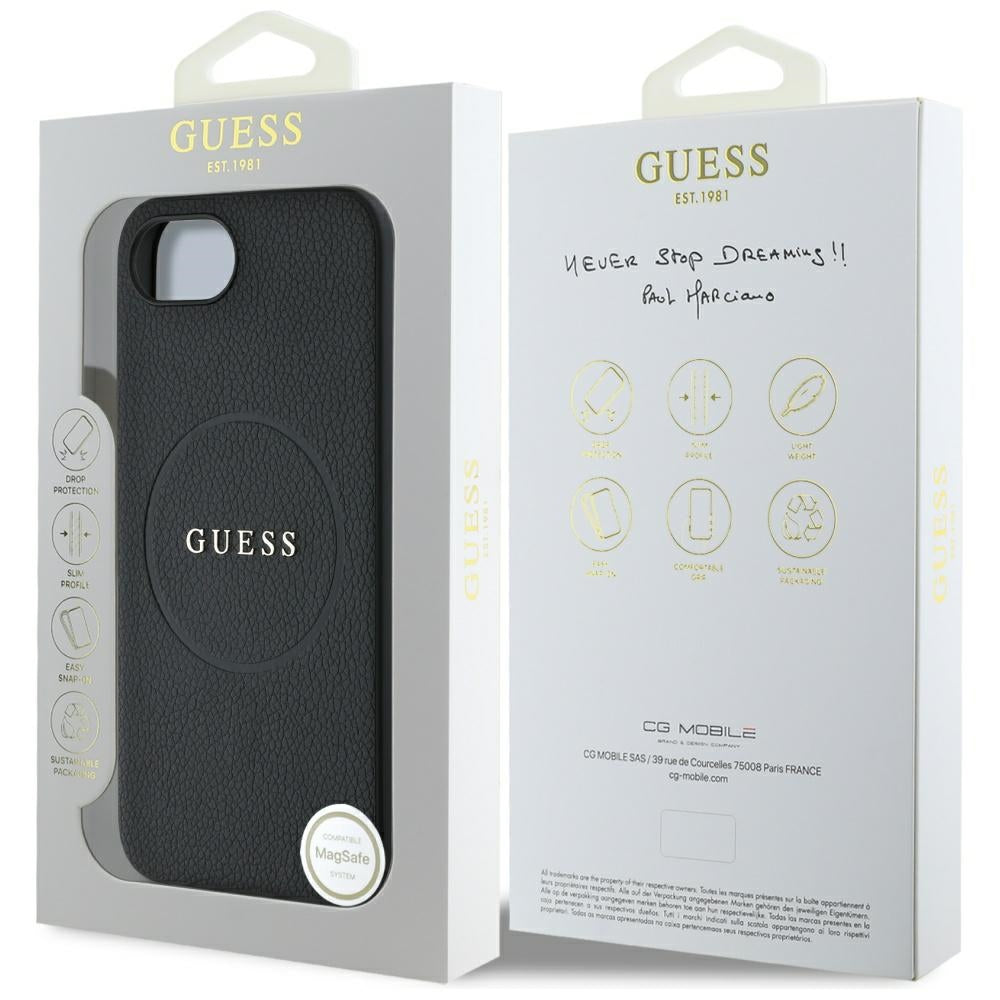 Custodia MagSafe per Apple iPhone 16e, Guess, Grained Gold Ring, Nera
